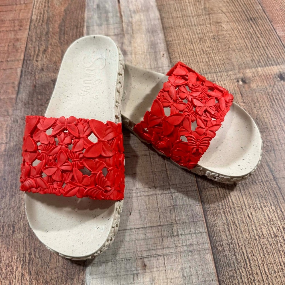 Sunies Butterfly Slides Womens 6 Red Floral Vegan Boutique Sandals Eco Friendly